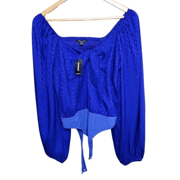 Express Tops - NWT Express Royal Blue Jacquard Tie Front Long Sleeve Bodysuit Size Large